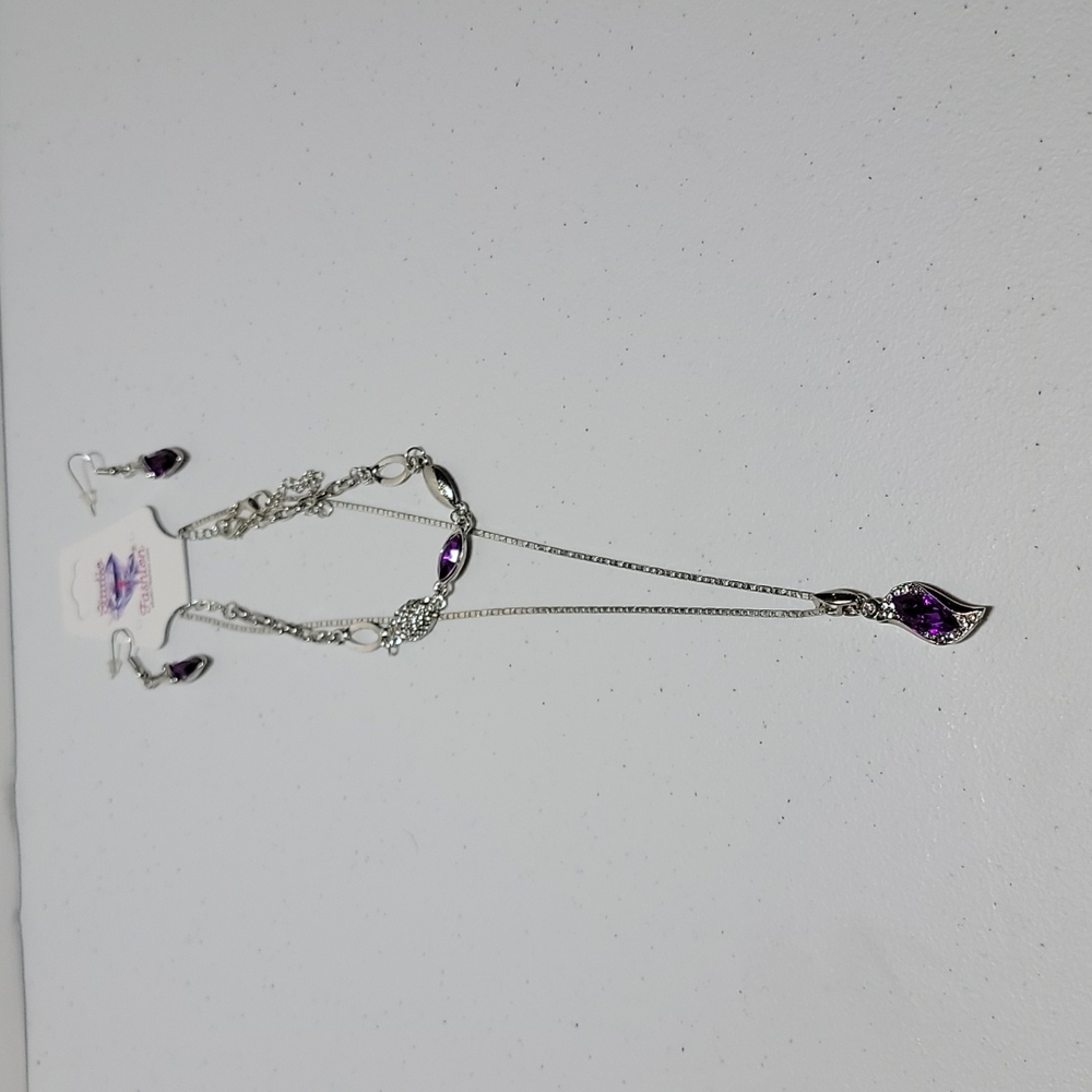 Purple & Silver Color  Necklace,Bracelet,Earrings 3pc Set